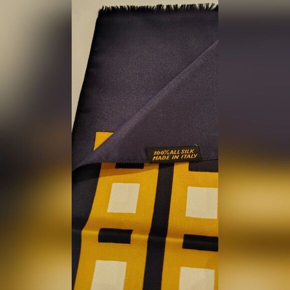 Laura Martino Long Fringe Vintage Silk Scarf Geometric Navy Blue & Gold - Picture 8 of 10